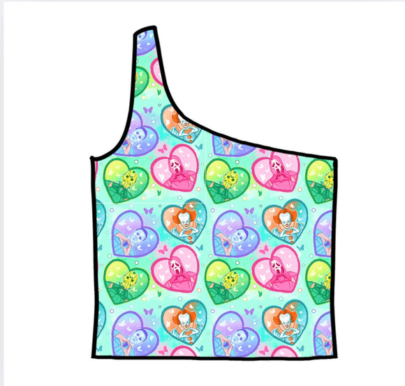 Mashup Pastel Horror Hearts Adult One-Shoulder Cropped Top